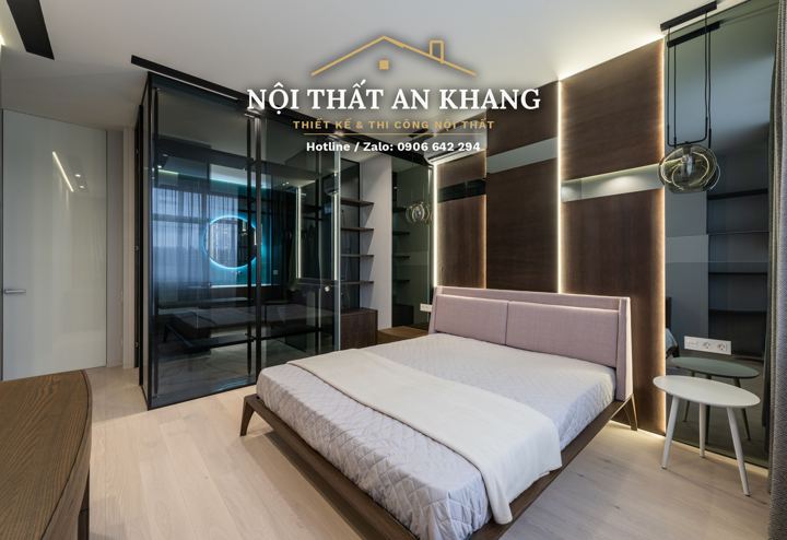 Phòng ngủ có phòng thay đồ vách kính – mẫu thiết kế nội thất căn hộ