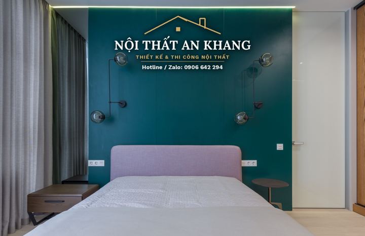 Phòng ngủ tường xanh rêu – mẫu thiết kế nội thất căn hộ